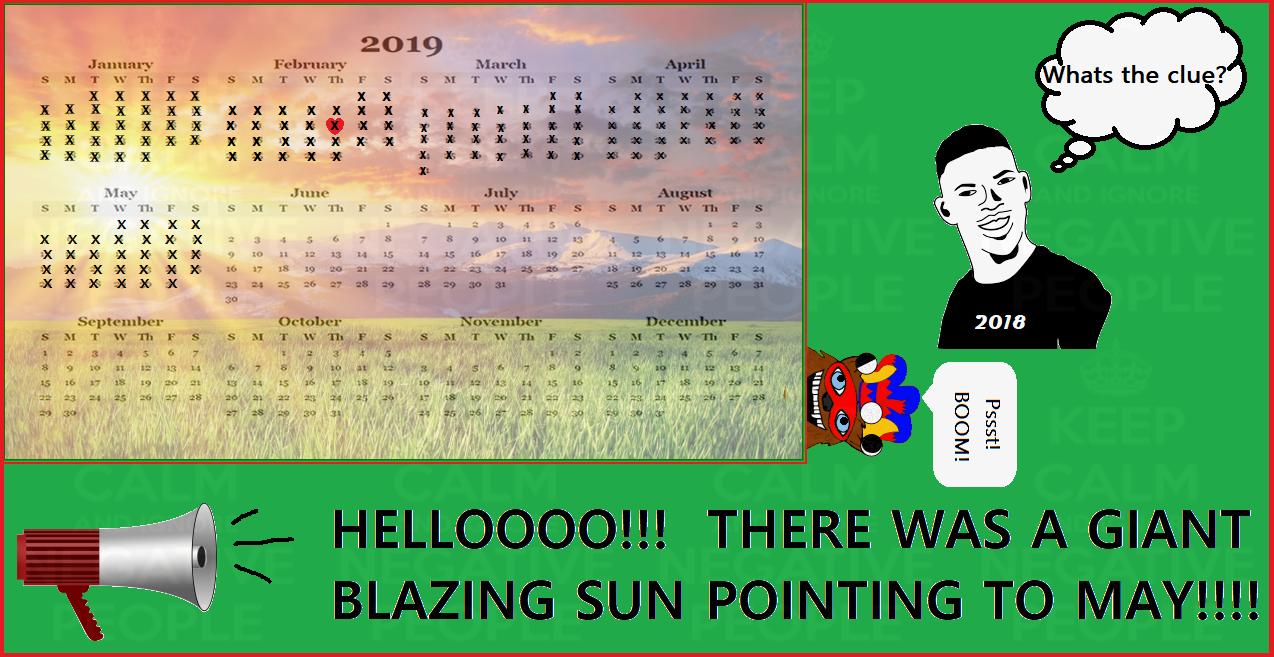 Community meme reinterpreting the calendar as pointing to May via the sun graphic