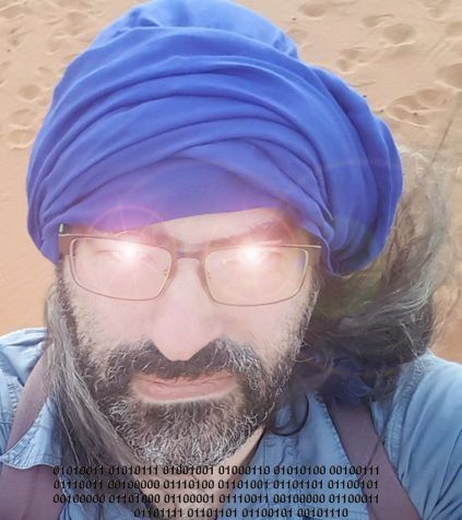 April 16, 2018: a turbaned figure with light-flared glasses. Four rows of 8-bit binary run along the bottom edge.