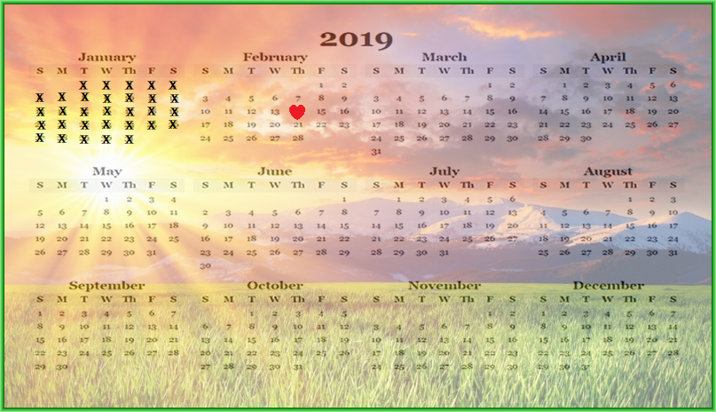 2019 calendar with red heart on February 14