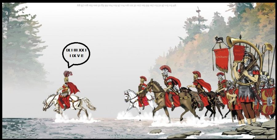 May 2, 2018: Roman legions fording a river (the Rubicon). A speech bubble reads IACTA ALEA (