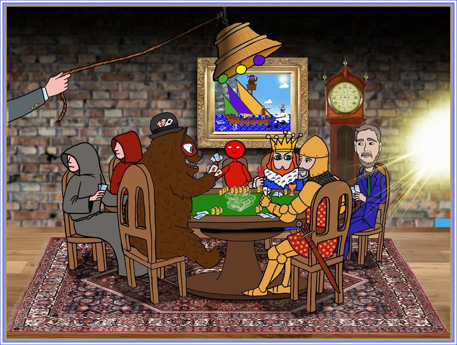 December 2022: the poker scene. The king holds a red wrench (regulation) as his card hand; the ship-scene painting hangs on the wall (canon-within-canon); a suited hand rings a