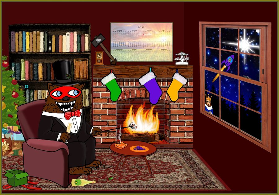 December 2021: the fireplace scene. A carousel sits on the mantelpiece β seven months BEFORE the CAROUSEL cipher posts of July 2022. The calendar shows a heart on February 14; the champagne is labeled