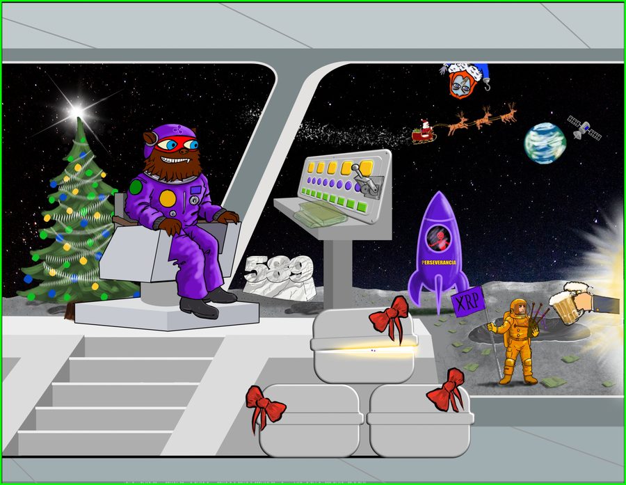 December 2025, the most recent scene: the moon base. The red mannequin rides inside the Perseverancia rocket; the knight (now a gold astronaut) plants the XRP flag;