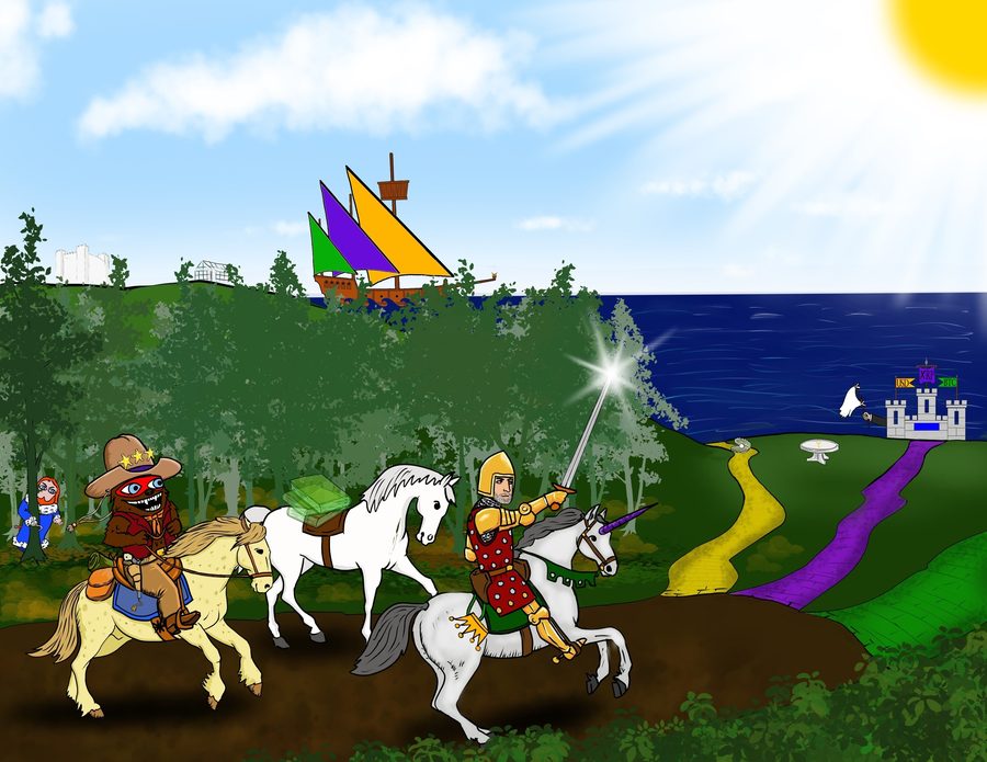 The bear and knight ride past familiar scenery; a suited hand raises a white flag.