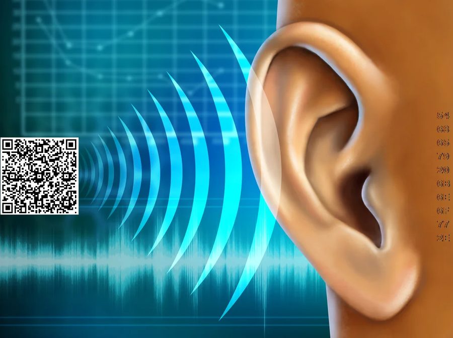 An ear, QR code and marginal hexadecimal text create several layers of encoding.